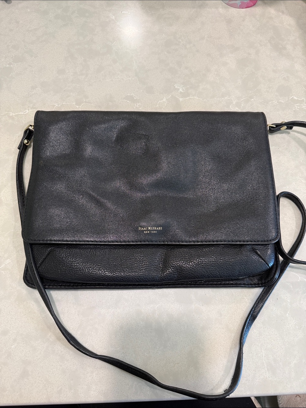 Isaac Mizrahi Black Faux Leather Fold-Over Crossbody Bag